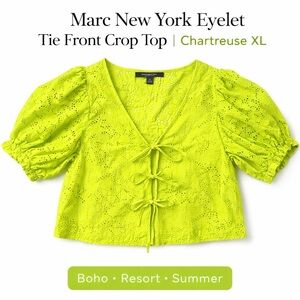 Marc New York Eyelet Tie Front Crop Top Chartreuse Neon Lime Puff Sleeve XL